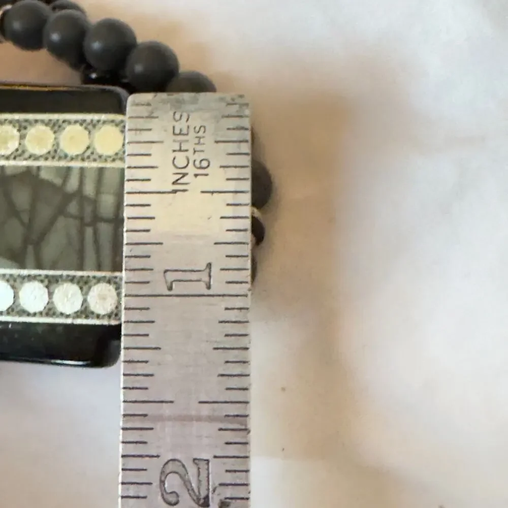 Vintage 28” Black Abstract Mother of Pearl Inlay Beaded Necklace & Earring Japan